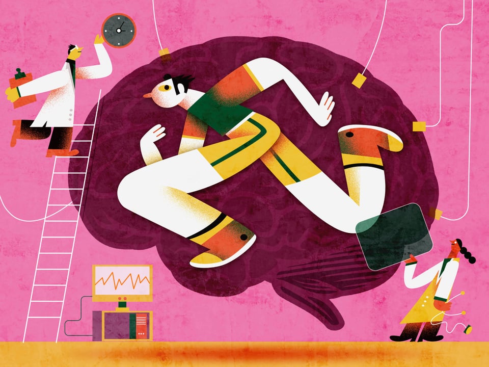 Illustration eines Gehirns, im Vordergrund ein Mensch, der joggt. Arzt und Ärztin überwachen.