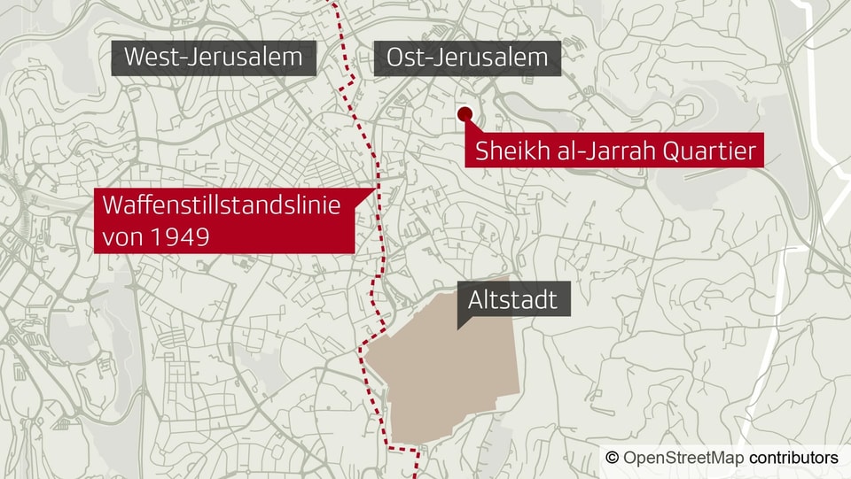 Karte mit dem Sheikh al-Jarrah Quartiert nördlich der Altstadt Jerusalems.