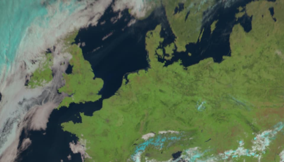 Sichtbarer Kanal vom Satellit, 11 Uhr. Zwischen Schweden und Süddeutschland sowie vom Ärmelkanal bis zur Ukraine praktisch wolkenlos. Da fällt das Hochnebelfeld im Schweizer Mittelland direkt auf.