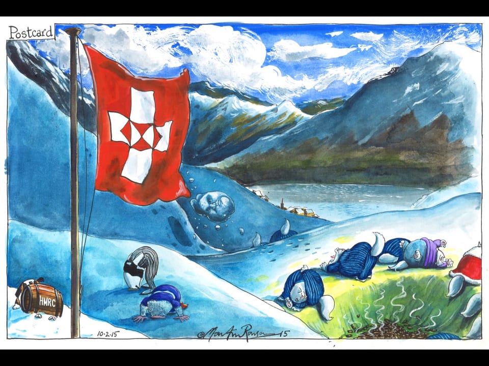 Eine Flagge, die eine Mischung aus der Schweizer Flagge und dem HSBC-Zeichen ist. Sie steht in den Bergen.
