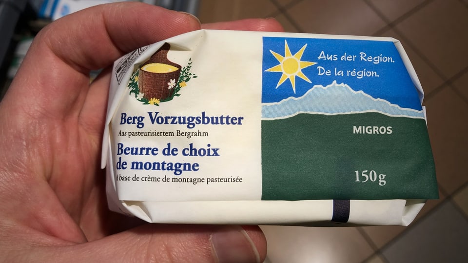 Migros-Butterverpackung mit der Aufschrift «Berg Vorzugsbutter»