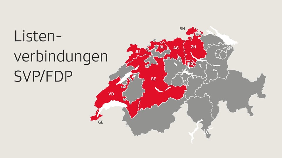 SVP und FDP gehen in Waadt, Jura, Bern, Baselland, Aargau, Zürich, Zug und Schaffhausen eine Listenverbindung ein.