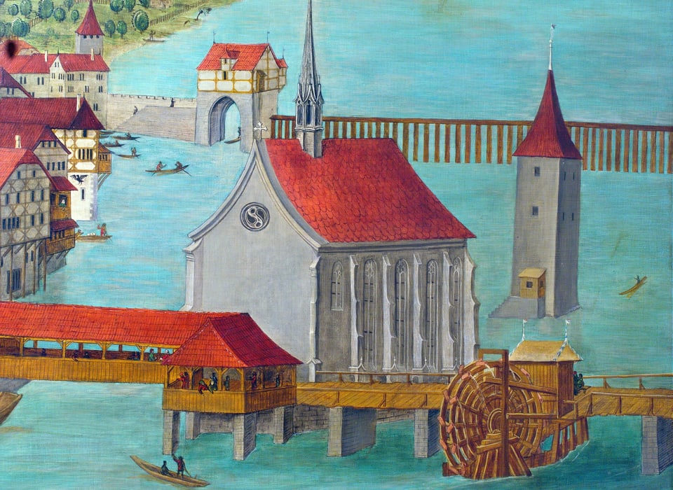 ein Gemälde einer alten Brücke und einem Wasserrad