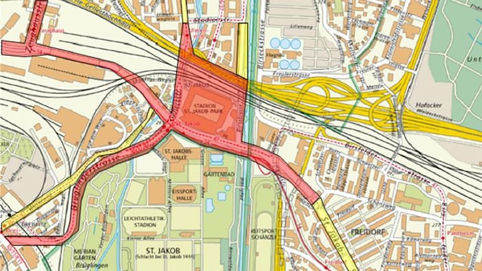 Basler Stadtplan im Gebiet des Stadion, rot eingefärbte Strassen