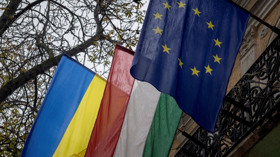 Die Flaggen der Ukraine, Ungarns und der Europäischen Union.