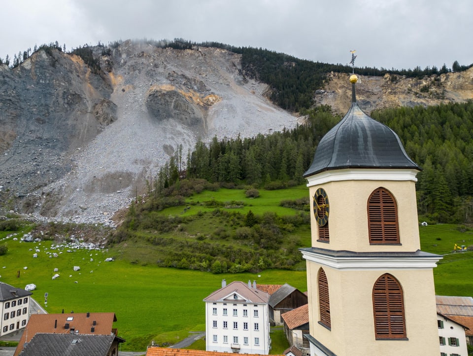 Die Kirche in Brienz, im Hintergrund die Felssturzgefahrenzone.