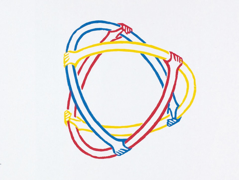 Gemälde: Drei Arme in Rot, Blau und Gelb, deren Hände sich so halten, dass sie sich zur Kugel formen.