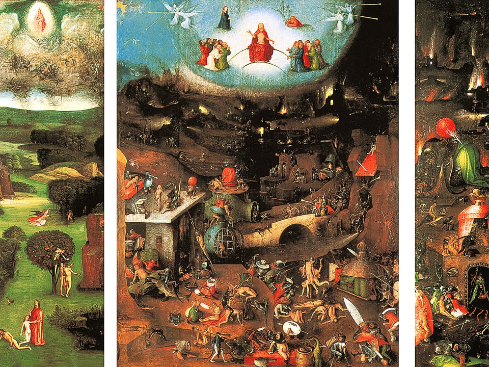 Das gesamte Triptychon, in der Mitte das Gericht, links das Paradies, rechts die Hölle.