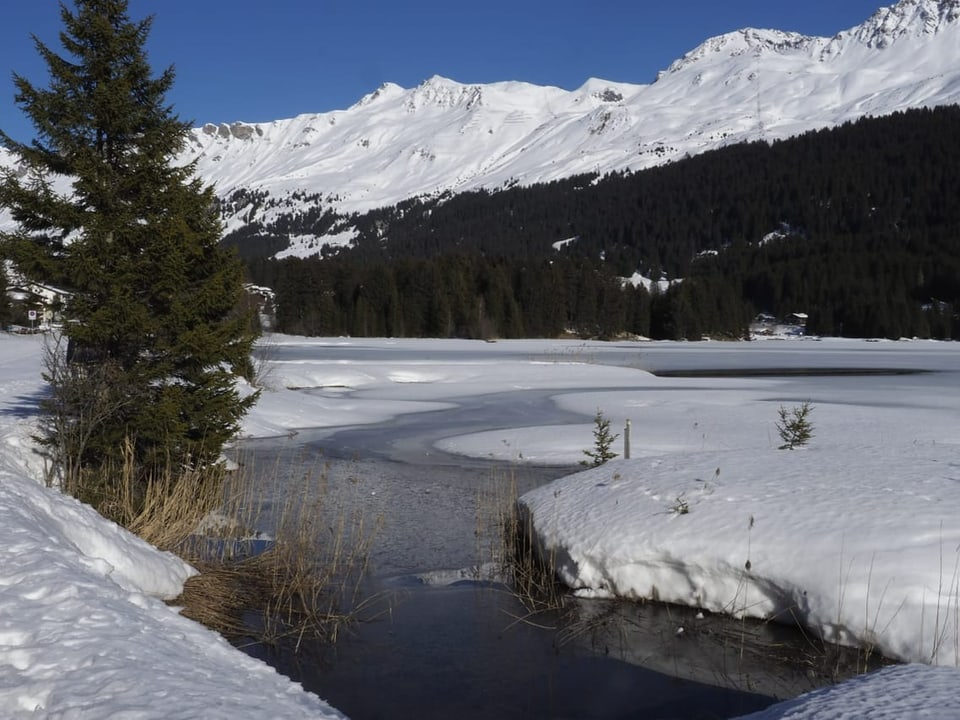 Teils gefrorener See mit Schnee bedeckt.