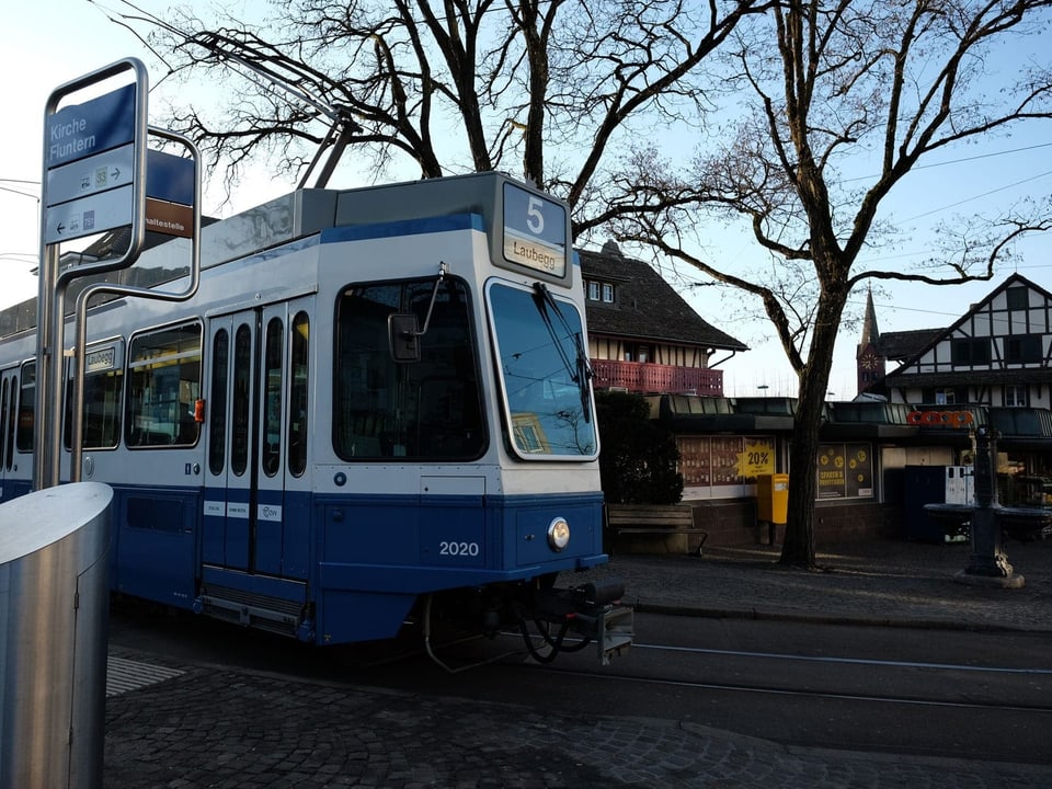 Ein blau-weisses Tram wartet am frühen Morgen bei schönem Wetter an der Endstation, im Hintergrund Häuser und Bäume.