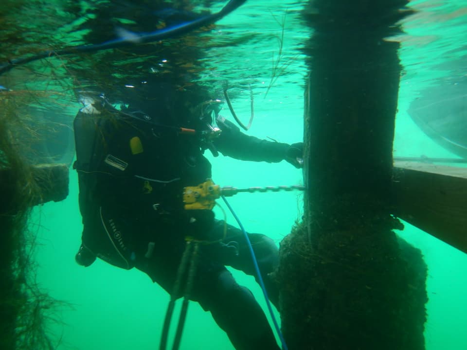 Unterwasser-Aufnahme: Ein Taucher bohrt ein Loch in einen Pfosten.  