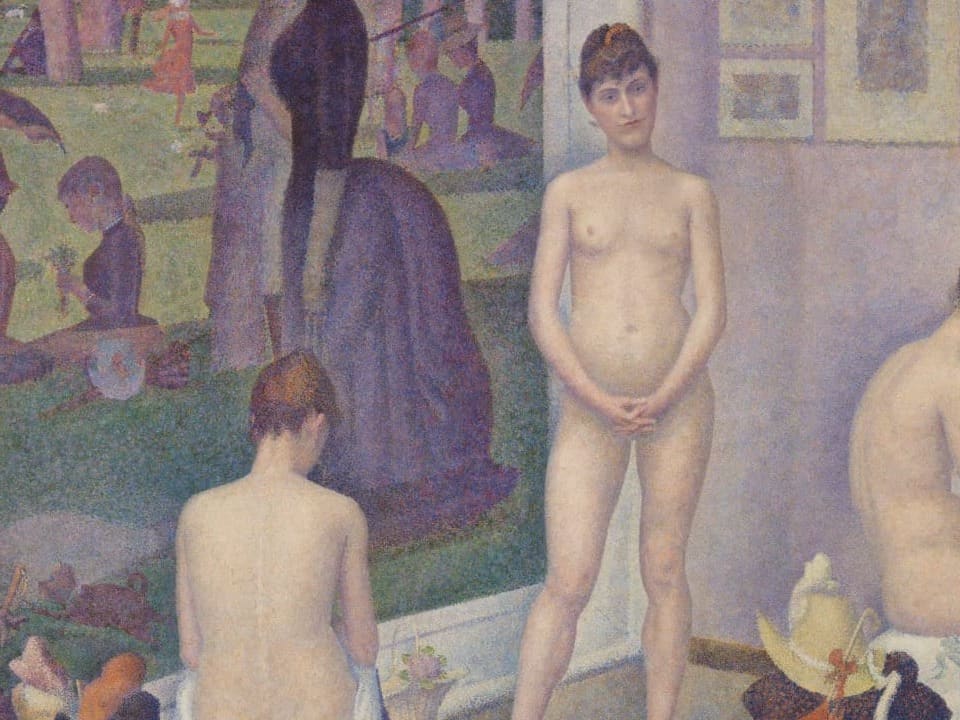 Gemälde von drei nackten Frauen in einem Raum. Eine zeigt sich von vorne, die anderen von hinten und seitlich.