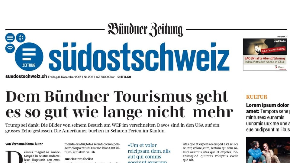 Neue Frontseite der Südostschweiz mit Untertitel "Bündner Zeitung"