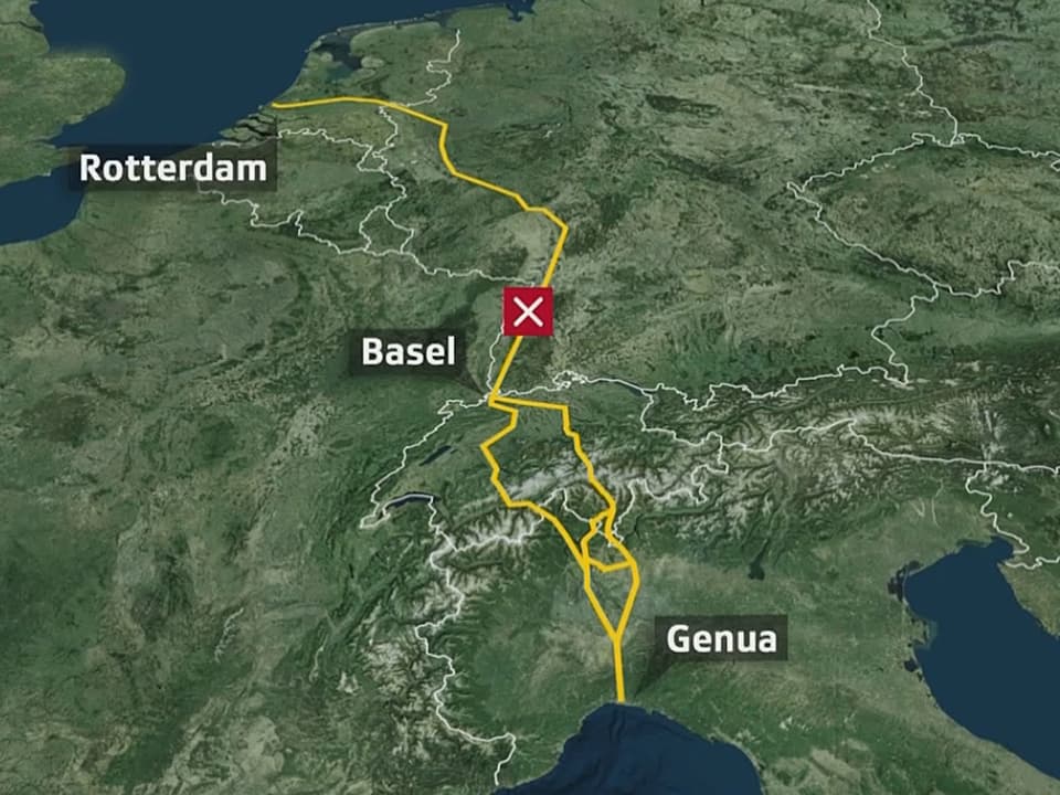 Karte mit eingezeichneter Bahnlinie Rotterdam, Basel, Genua und eingezeichneter Blockade.