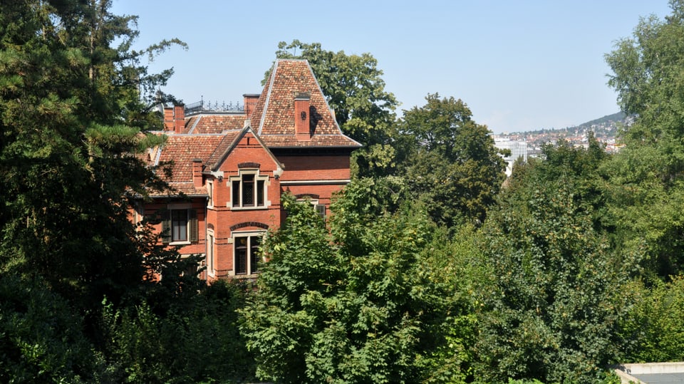 Das Dach der Villa Schöneberg umgeben von Baumkronen.