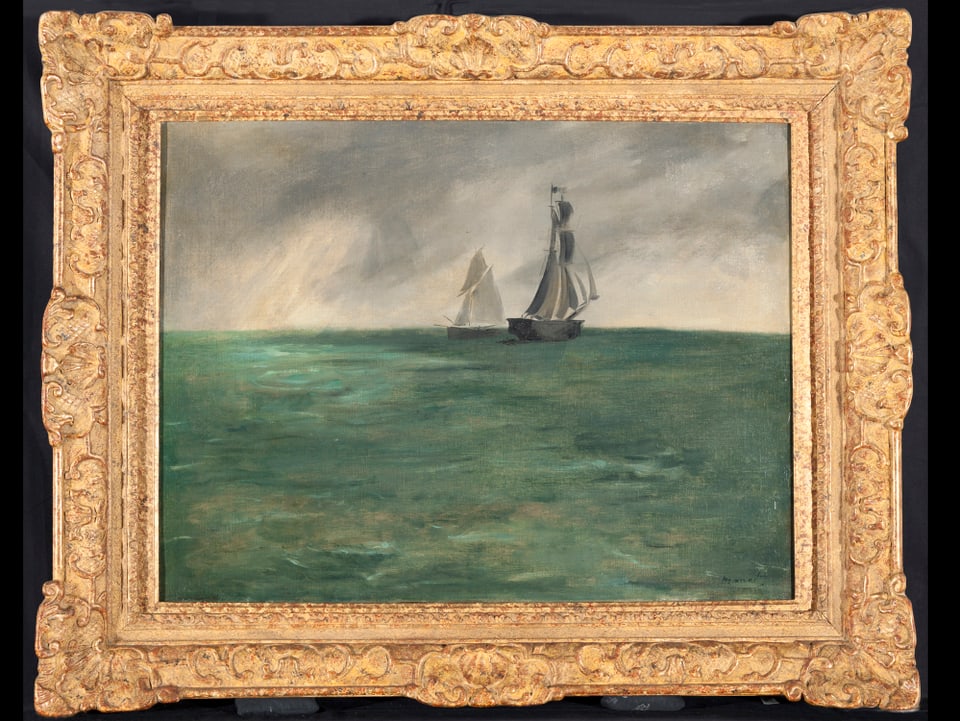 Gemälde mit Segelschiff und Meer.