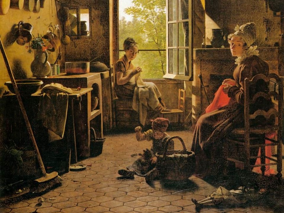 Gemälde mit viel Brauntönen: Zwei Frauen sitzen in einer Küche