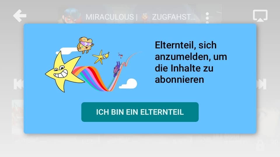 Screenshot aus der YouTube Kids App mit den Einstiegsbildschirm für Eltern
