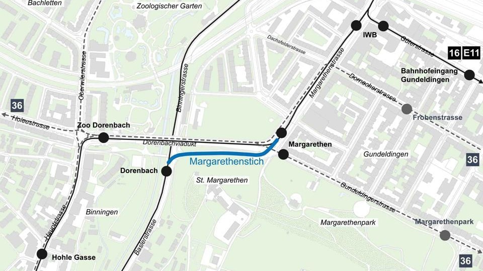 Stadtplan mit eingezeichneter Streckenführung der neuen Tramstrecke über den Margarethenstich.