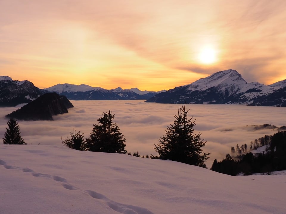 Blick auf das Nebelmeer im Churer Rheintal. Die Sonne geht langsam über dem Calanda unter. Im Vordergrund Fussspuren im Schnee.