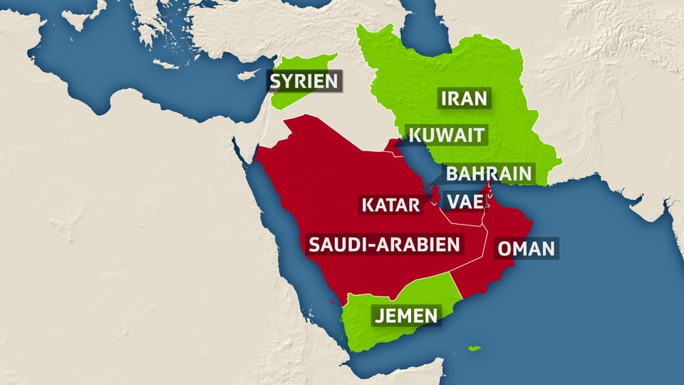 Kartenausschnitt vom Persischer Golf mit den Ländern der arabischen Halbinsel.