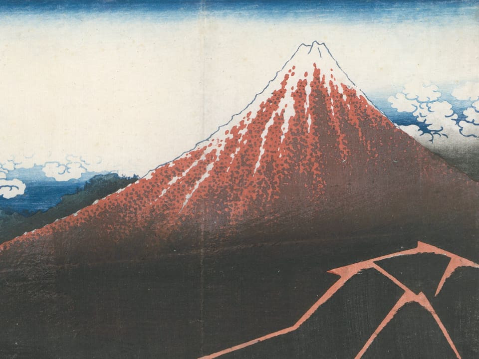 japanischer Holzschnitt eines dunkelroten Berges