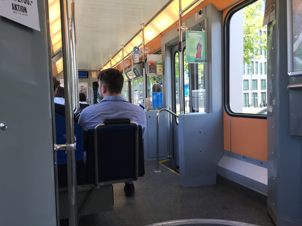 Bild aus einem Tram, Passagier von hinten.