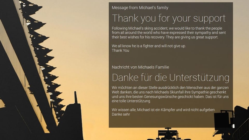 Screenshot von der Seite von Michael Schumacher - die Familie bedankt sich bei den Fans.