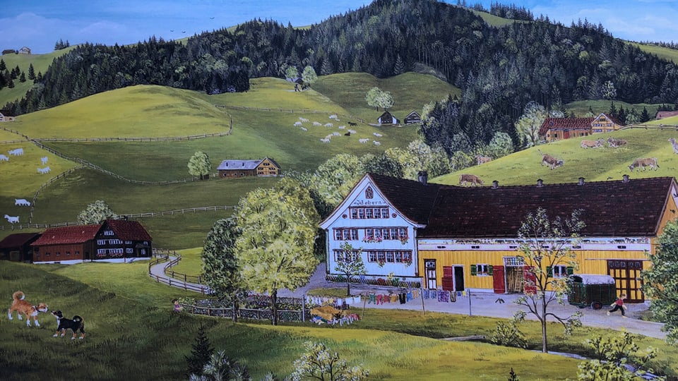 von Hand gezeichnetes Wimmelbild mit Streusiedlung im Appenzellerland