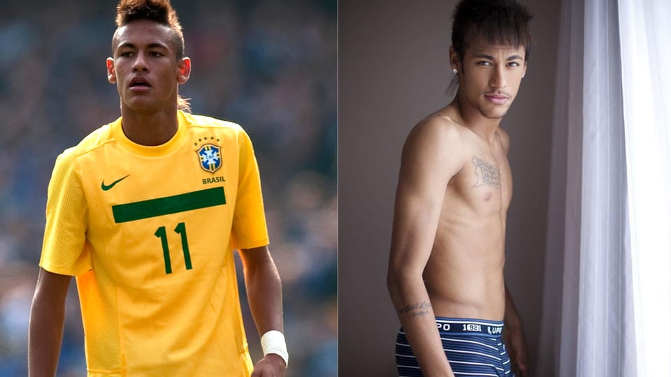Neymar in gelben Fussball-Trikot und oben ohne mit blauen Unterhosen.