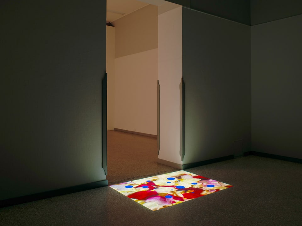 Ein Blick in die Ausstellung: «Vor deiner Tür» (2000), eine vertikale Videoprojektion am Boden.