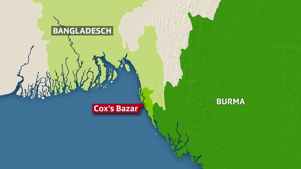 Karte mit Bangladesch und Burma, eingezeichnet auch Cox's Bazar.