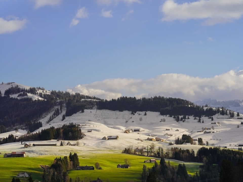 Voralpenlandschaft mit grünen Wiesen im Vordergrund und einer verschneiten Landschaft im Hintergrund.