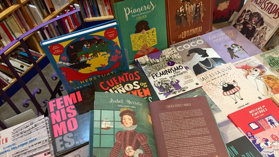 Neben den Klassikern der feministischen Literatur stehen auch Kinderbücher in den Regalen. 