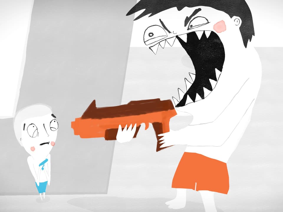 Ausschnitt aus einem Animationsfilm mit zwei Männchen, eines gross mit Waffe, eines klein.