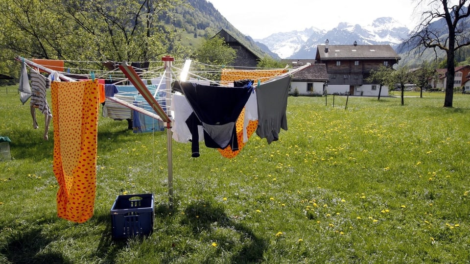 Ein Stewi-Wäscheständer mit Wäsche in einem Garten.