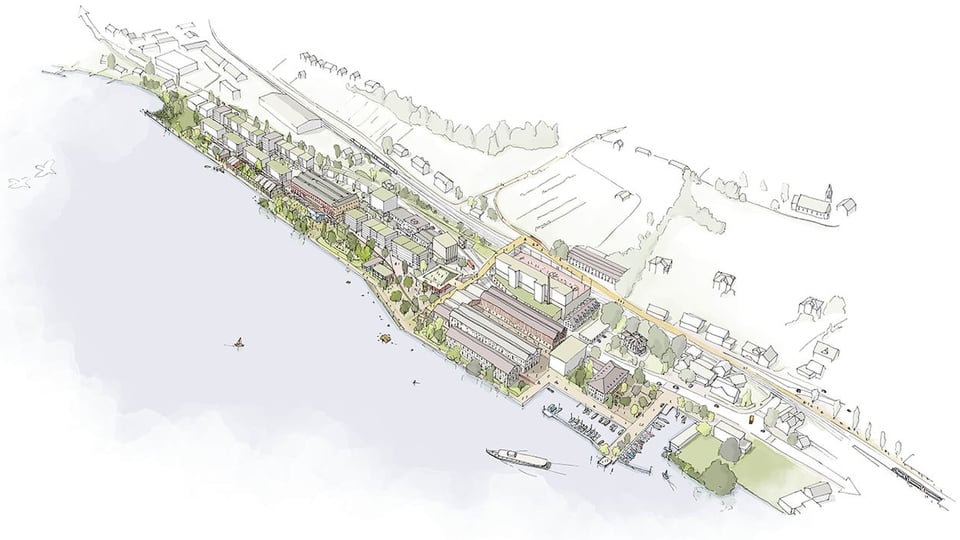 Eine Skizze, wie das ehemalige Industrieareal in Uetikon am See künftig überbaut und genutzt werden soll. 