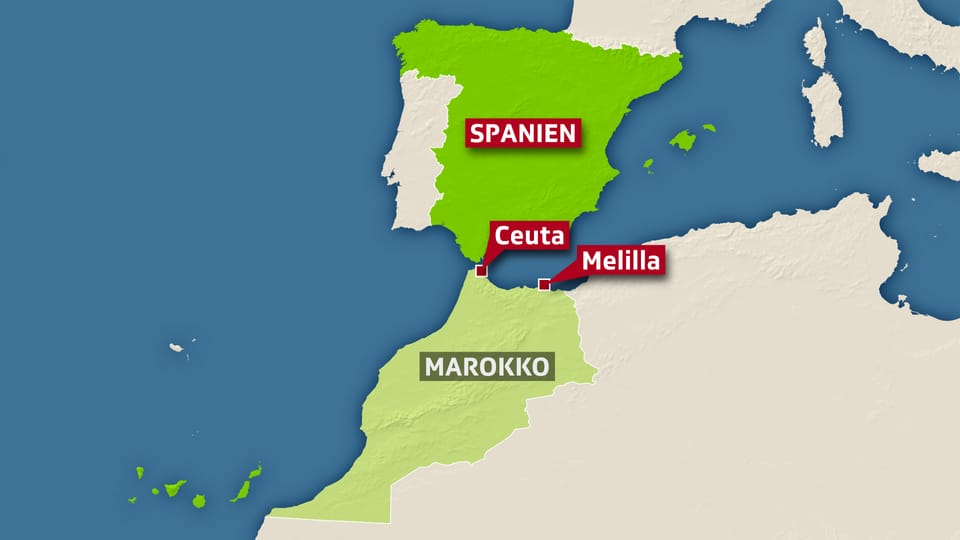 Eine Landkarte bildet die Länder Spanien und Marokko ab, dazwischen liegen die betroffenen Enklaven Ceuta und Melila. 