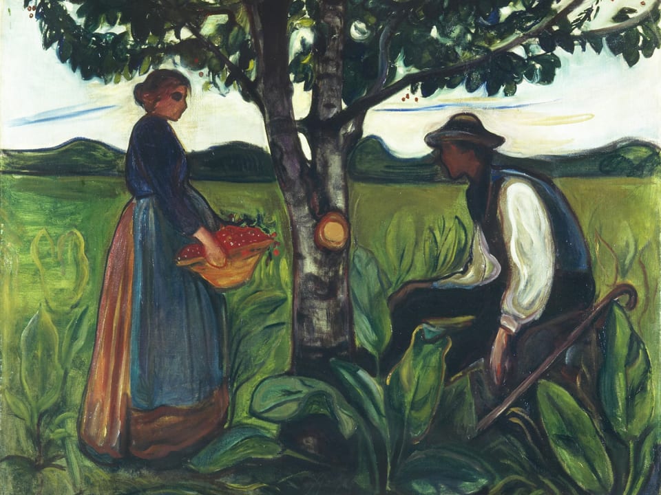 Bild: Bei einem Baum steht eine Frau mit Fruchtkorb. Auf der anderen Seite des Baumes sitzt ein Mann. 