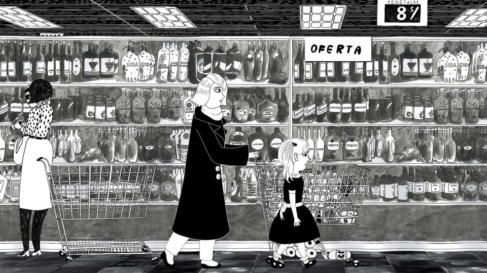 Comic Zeichnung einer Frau und einem Mädchen im Supermarkt