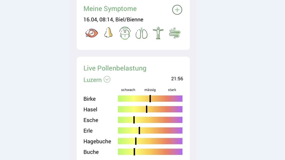 Screenshot der App: "Meine Symptome" und "Live Pollenbelastung"