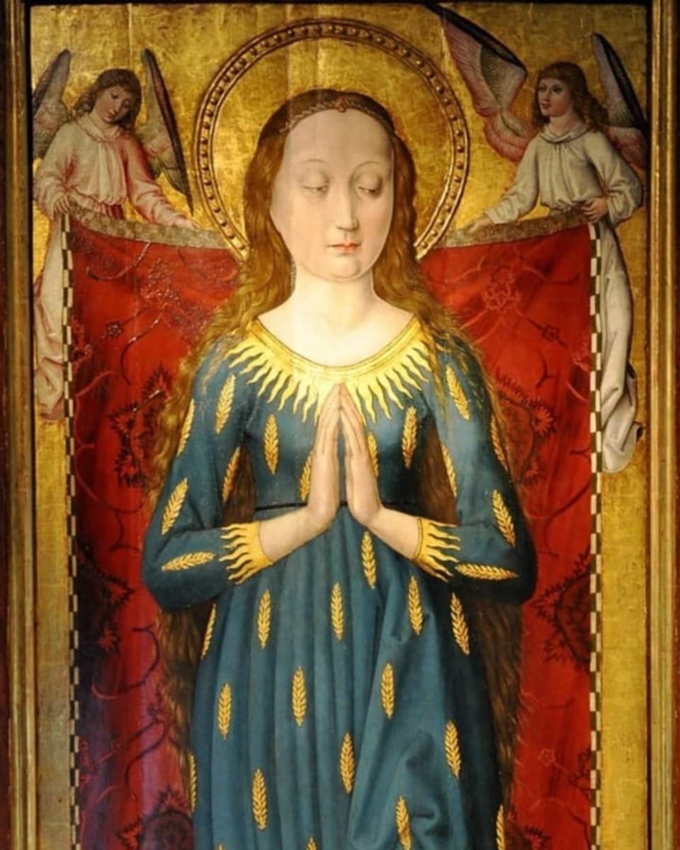 Abbildung einer Maria mit einem blauen langen kleid