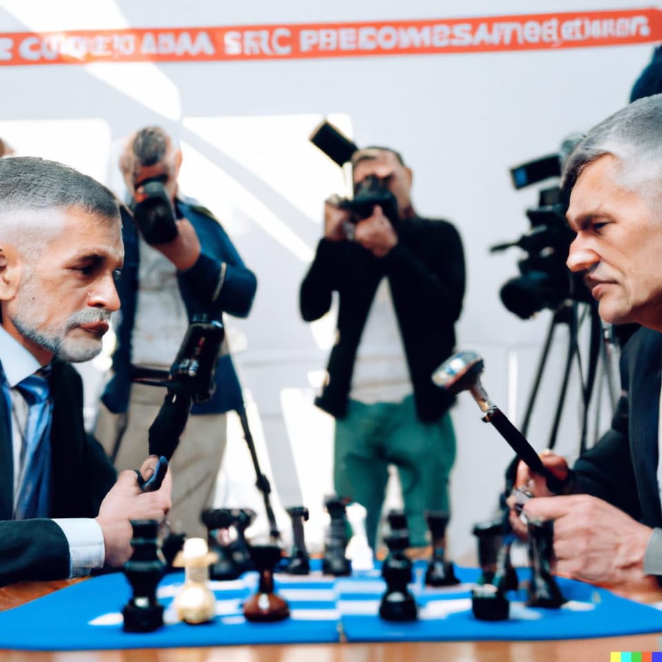 Mit KI erzeugtes Bild von zwei Politiker bei einer Partieschach mit Journalisten daneben