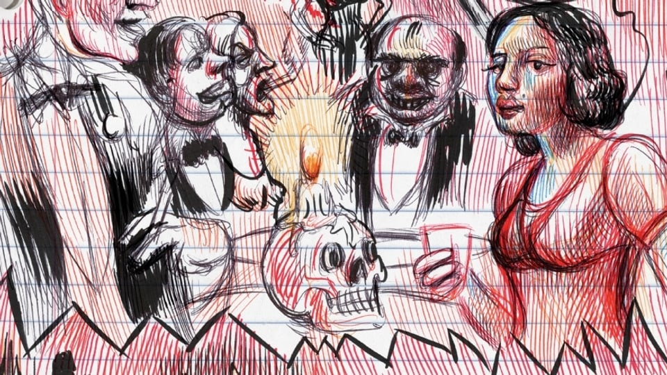 Comic-Ausschnitt: Eine Frau im Abendkleid, in der Mitte ein Schädel, daneben Männer in Anzügen.