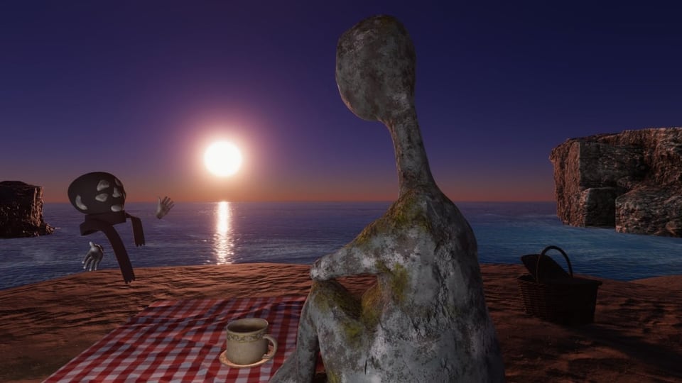 Virtuelle SPielewelt: Eine Figur sitzt am Strand auf einer Picknick-Decke