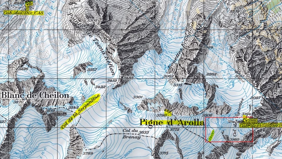 Kartenausschnitt der Region «Pigne d'Arolla» und der  «Cabane des Vignettes»