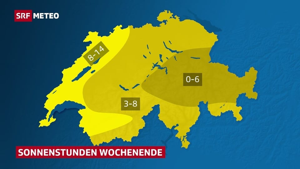 Im Westen gibt es 8 bis 14 Sonnenstunden, im Osten 0 bis 6.