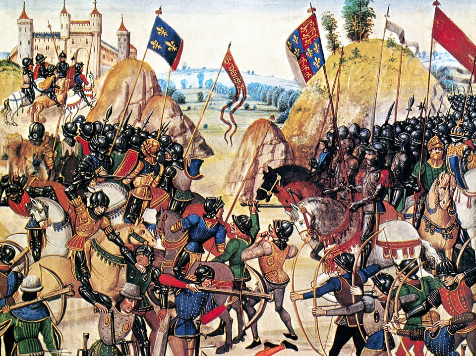 Pintura medieval de uma batalha com cavaleiros e bandeiras.
