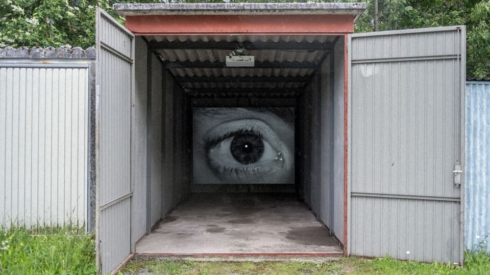 Ein grosses Auge an der hinteren Wand eines offenstehenden Containers, das Auge ist schwarzweiss gefilmt.