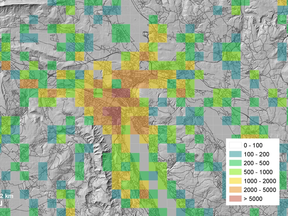 Diese Darstellung zeigt für Zürich und Umgebung, wo tagsüber mit Lärm über 60 db(A) zu rechnen ist. Zwei Zonen im Zentrum sind besonders stark betroffen.